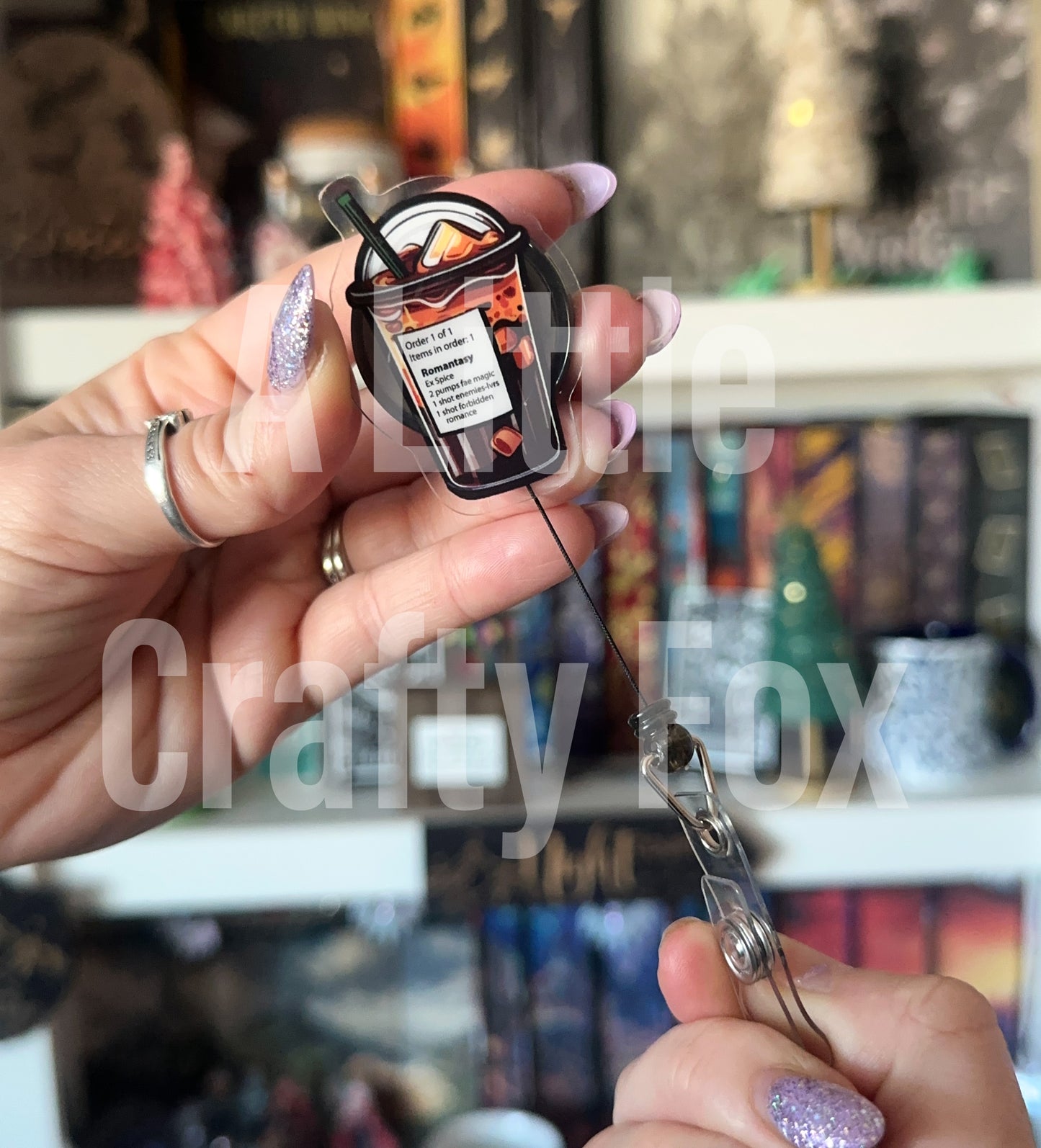 Romantasy Coffee Order Glitter Acrylic Badge Reel
