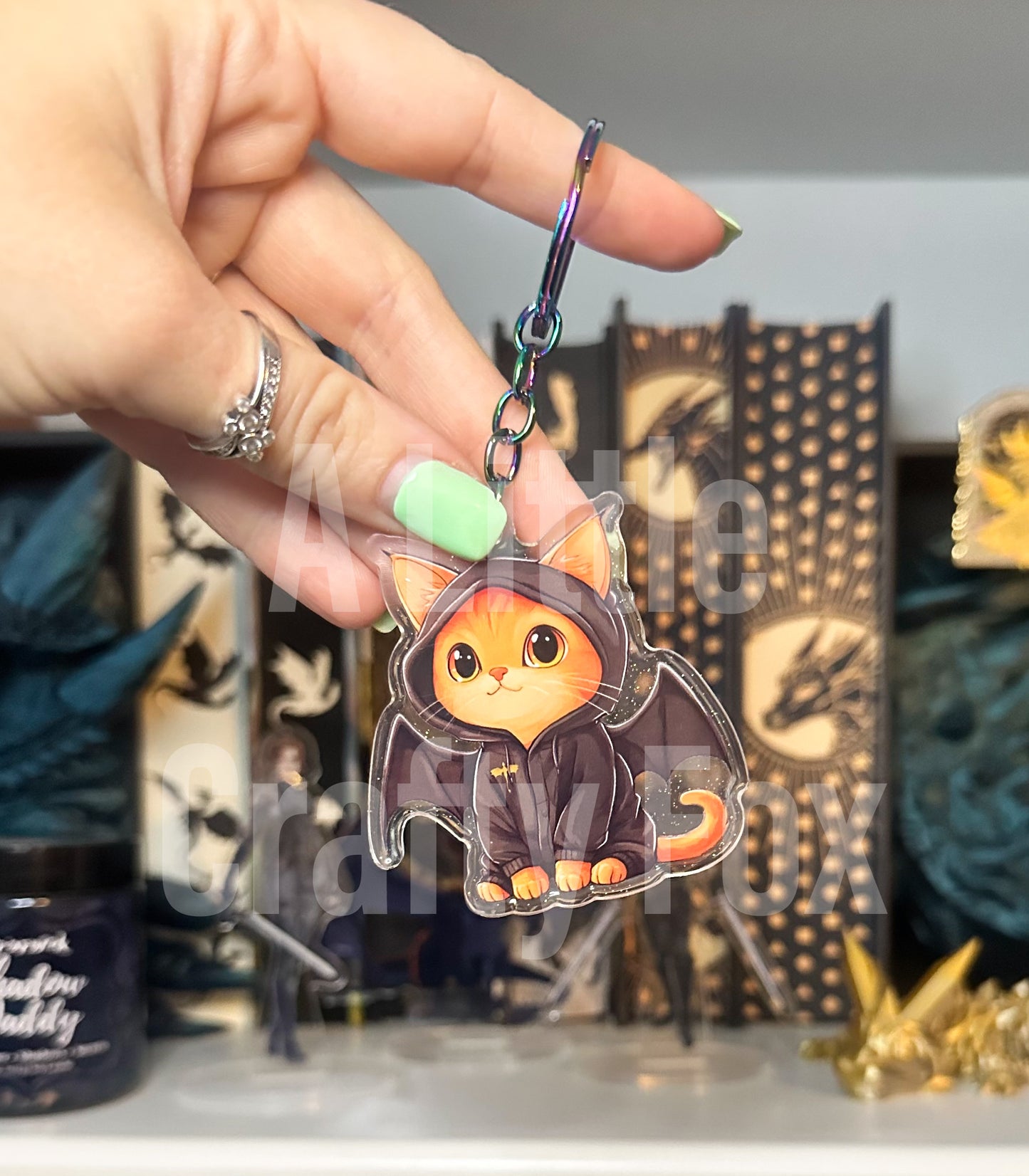 Kawaii Broccol Dragon Cat Fourth Wing Inspired Officially Licensed Acrylic Glitter Keychain