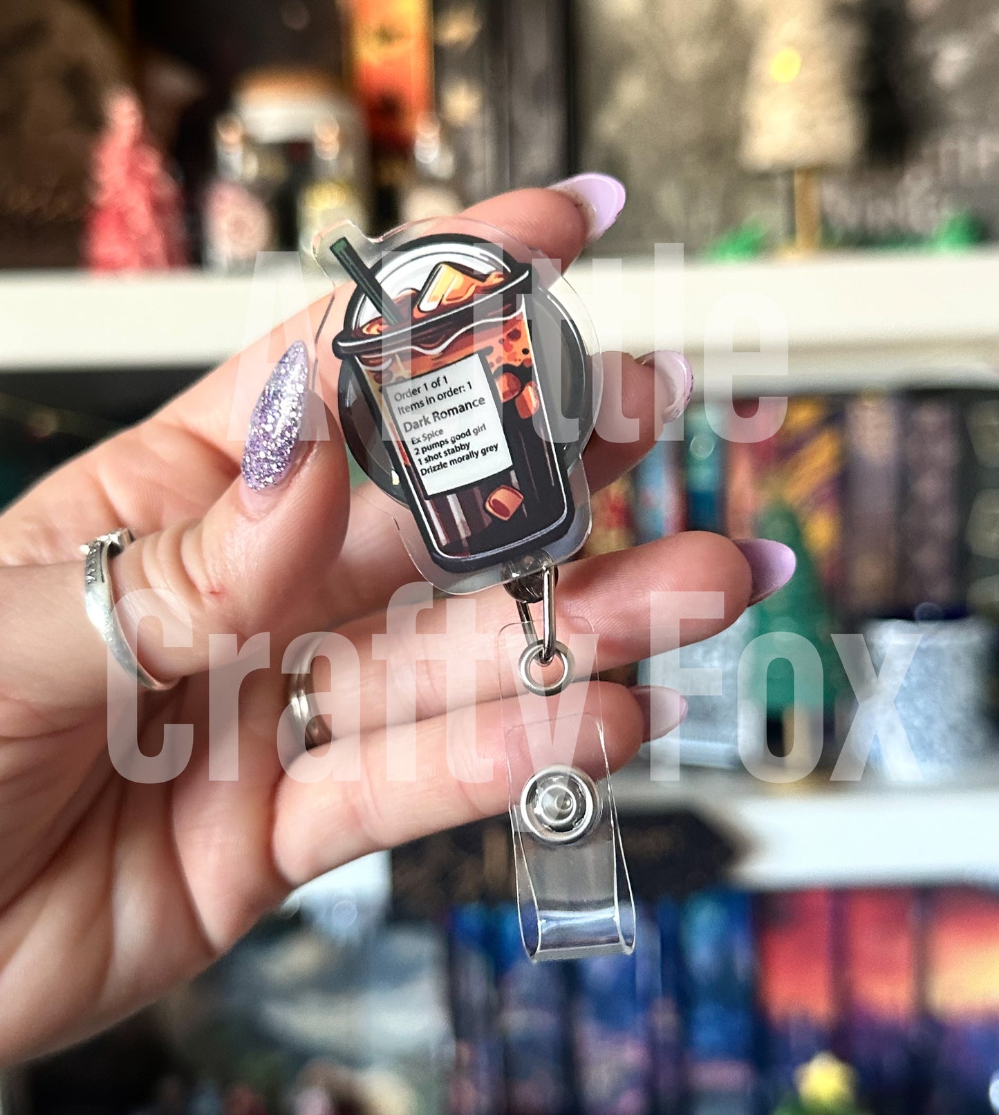 Dark Romance Coffee Order Glitter Acrylic Badge Reel