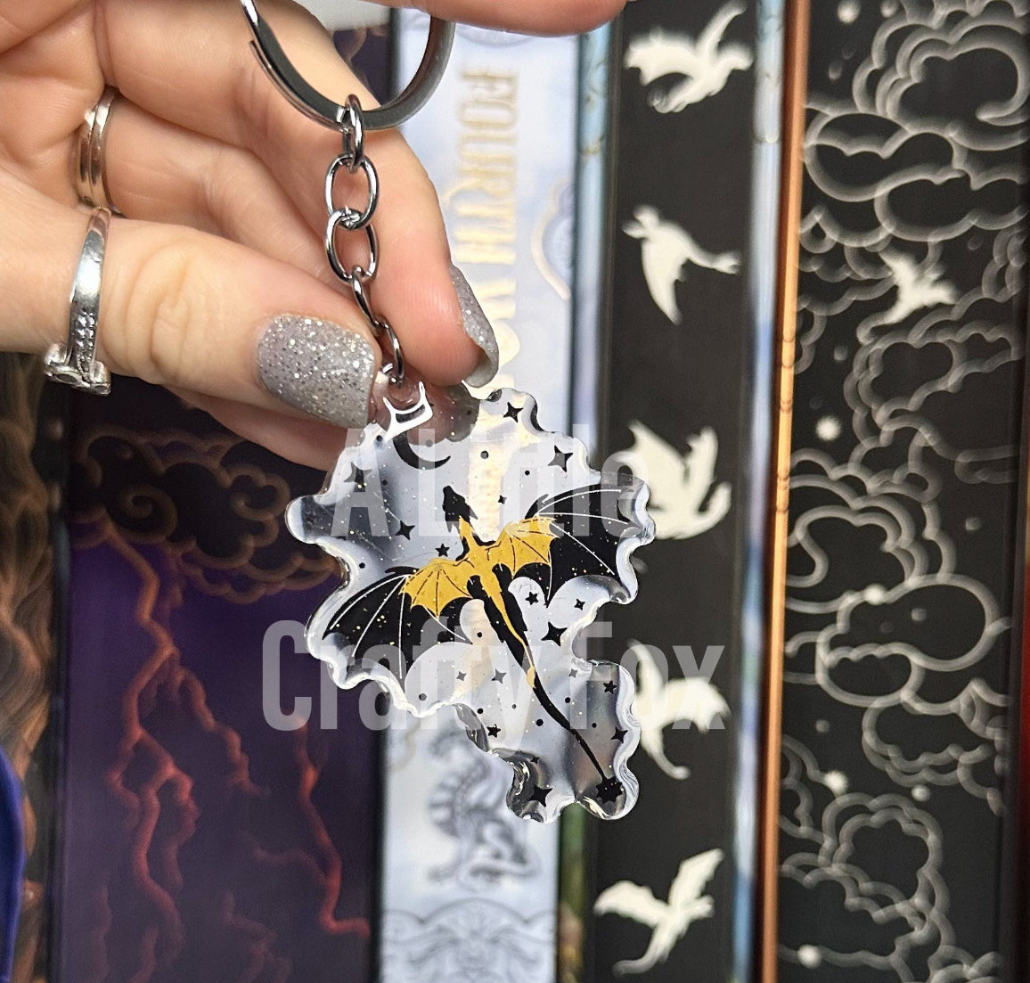 Black and Gold Relic Dragons Fourth Wing Inspired Officially Licensed Glitter Acrylic Keychain