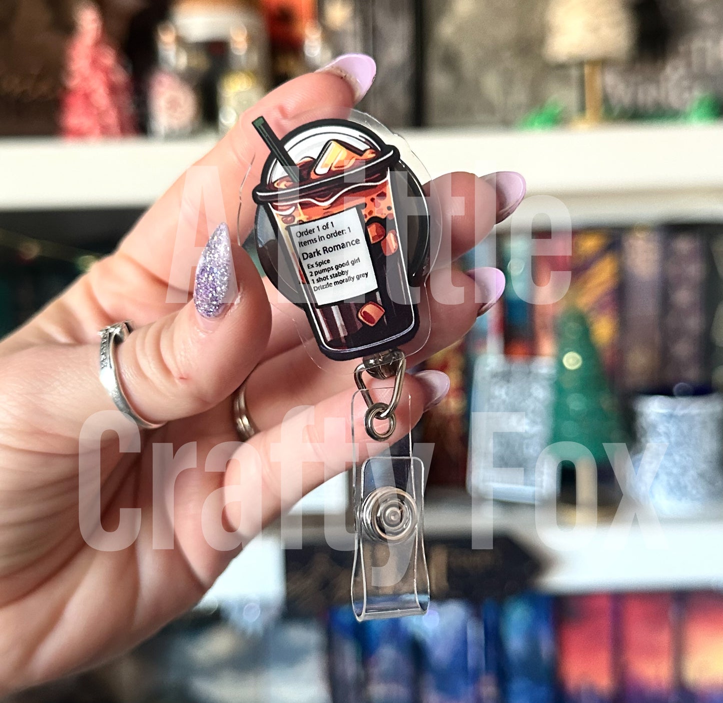 Dark Romance Coffee Order Glitter Acrylic Badge Reel