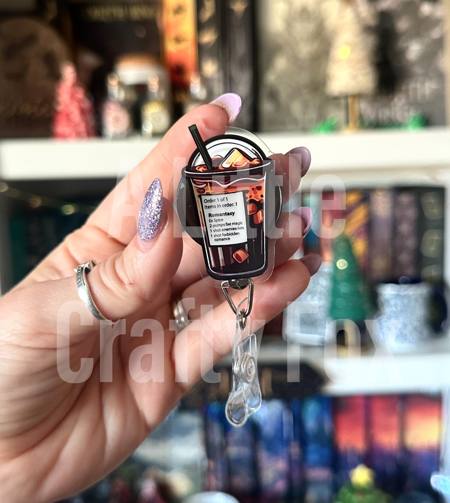 Romantasy Coffee Order Glitter Acrylic Badge Reel