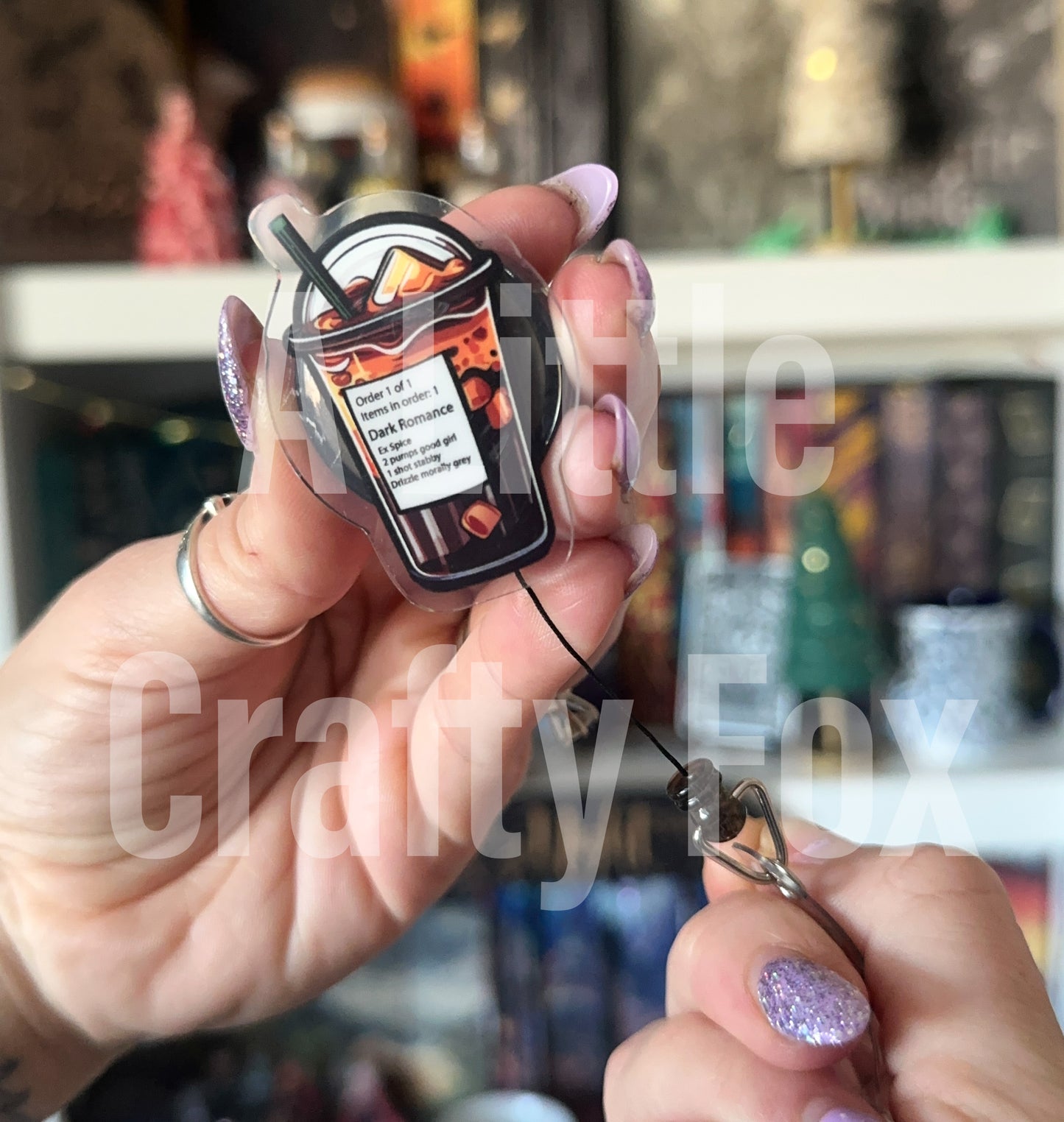 Dark Romance Coffee Order Glitter Acrylic Badge Reel